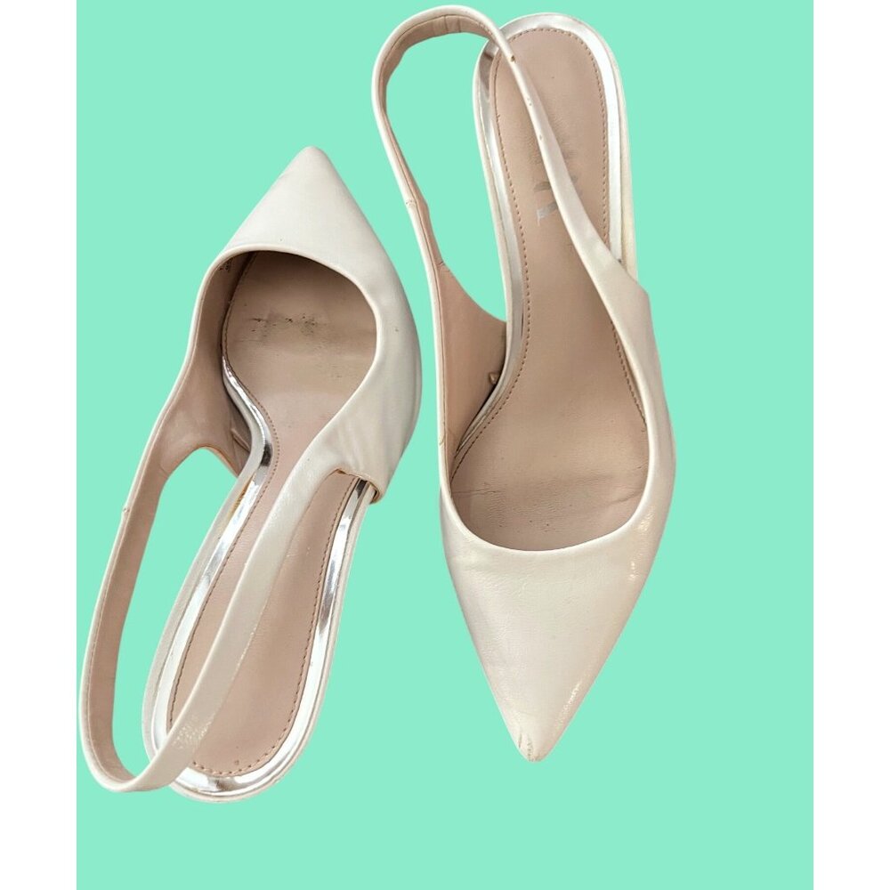 ZARA White/Creme Pointed Toe Slingback Kitten Heel Pumps In Pearlescent Leather